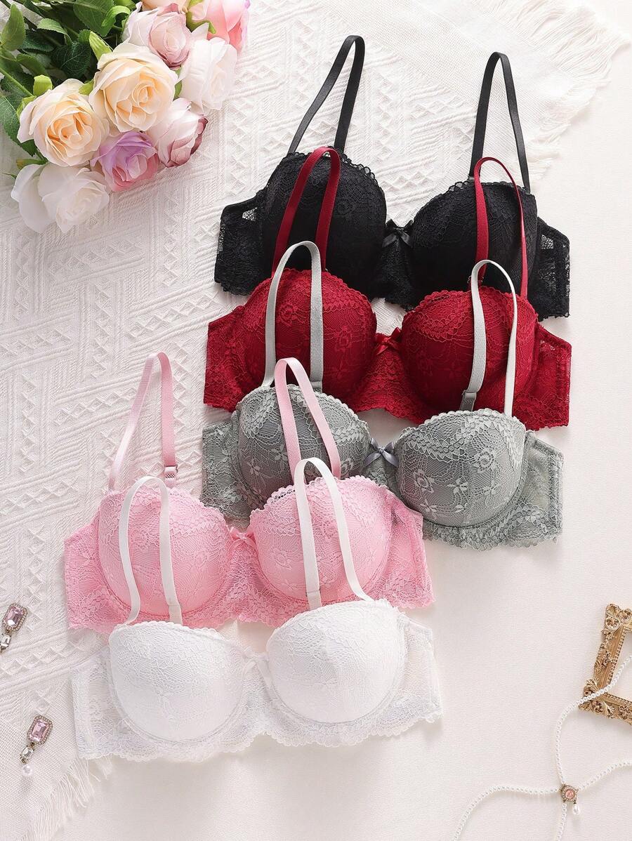 SHEIN 5件套女士蕾丝内衣文胸带钢圈，可拆卸胸垫