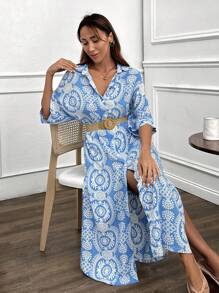 SHEIN Cottnline 全印花前扣连衣裙，度假休闲 - 藍色 - 查看 5