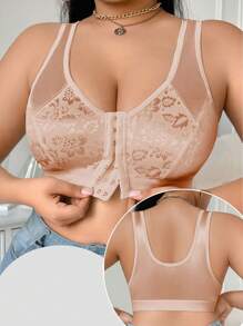 SHEIN 1pc Plus Size Front Snap Floral Jacquard Wireless Bra - Apricot - View 3