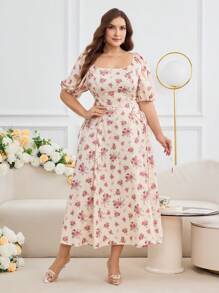 Modelyn 大码方领短袖花卉印花腰带设计连衣裙，浪漫夏日 - 彩色 - 查看 4