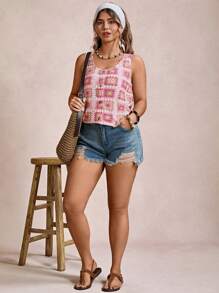 Freevana Plus Size Contrast Color Grandma Plaid Pattern Round Neck Sleeveless Single-Breasted Casual Summer Tank Top Summer - Multicolor - View 6