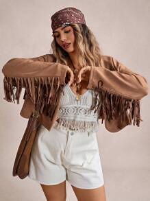 Freevana Plus Fringe Trim Open Front Suedette Jacket, For Winter Fall Autumn - Camel - View 1