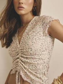 Aralina 冬季/夏季网眼花卉褶饰前襟可爱外出上衣 - 粉色 - 查看 10