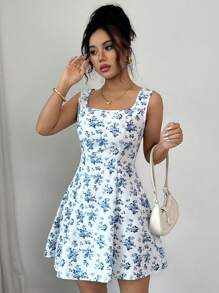 Breezaya 女式无袖方领系带腰部 A 字形碎花迷你连衣裙 - 藍色 - 查看 6