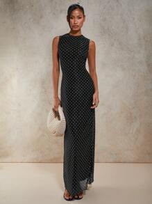 COSMINA 女士优雅波尔卡圆点印花连衣裙，夏季 - 黑色 - 查看 3