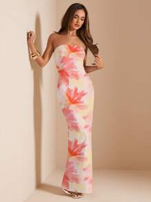 SHEIN BAE 抹胸款式修身基本款连衣裙/奶油黄色/奶油黄色碎花连衣裙/夏日海滩度假/海岛度假连衣裙/生日派对连衣裙 - 彩色 - 查看 4