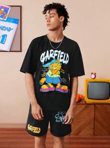 GARFIELD | SHEIN 男士休闲宽松卡通猫咪印花圆领T恤短裤黑色套装，夏季 - 黑色 - 查看 3