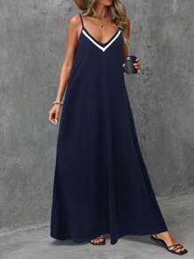 Easowa Women's Solid Color Stretch Knit Contrast Ribbon Casual Holiday Maxi Slip Dress, Spring/Summer,Bohemia - Navy Blue - View 6