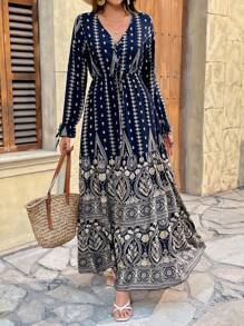 Breezaya Front Lace Up Long Sleeve Pleated All-Over Print Maxi Casual Dress For New Year Clothes Fall Cloth For Women - Navy Blue - View 3