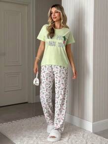 Conjunto de pijama de camiseta y pantalones de algodón con estampado de letras y cactus