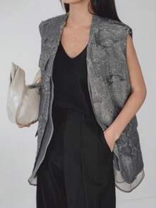 Dazy-Less 网眼拼接背心，腰带设计，宽松商务休闲风，适合办公室通勤；女士V领钩编流苏休闲外套，适合春夏秋季穿着。 - 灰色 - 查看 3