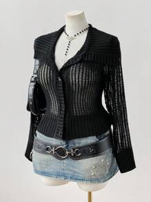 Sunspun Áo khoác len cardigan dệt kim màu đen phong cách Y2K cổ điển dành cho nữ cỡ lớn, phong cách đường phố/phong cách cổ điển mùa thu đông dành cho nữ, dành cho nữ - màu đen - Xem 2