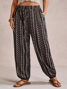 Freevana Quần Capri kẻ sọc túi rộng rãi có dây rút cỡ lớn cho nữ - Nhiều màu - Xem 1