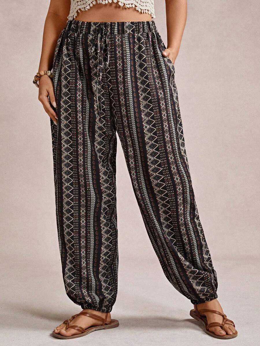 Freevana Quần Capri kẻ sọc túi rộng rãi có dây rút cỡ lớn cho nữ - Nhiều màu - Xem 1