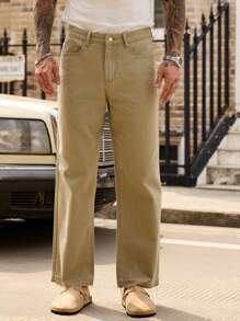 Manfinity Homme Jeans de mezclilla rectos holgados versátiles casuales para hombres - Verde militar - Ver 4