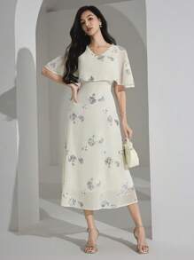 Heiryn Women's Floral Sequin Patchwork Ruffle Hem Elegant Mid-Length Dress - Apricot - View 5