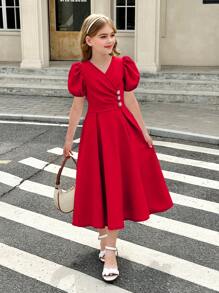 SHEIN 青少年女孩 V 领短袖休闲连衣裙 - 紅色 - 查看 11