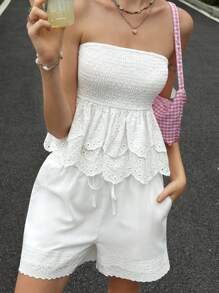 Jouncy Conjunto de 2 piezas de blusa blanca con volantes bordada y shorts para mujer, ropa de vuelta al colegio - Blanco - Ver 6