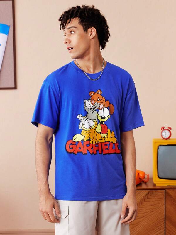 GARFIELD X SHEIN Men's Letter And Cartoon Pattern Round Neck Short Sleeve T-Shirt, Summer