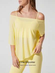 GLOWMODE Modal Silky Smooth Asymmetrical Hem Off-Shoulder 3/4 Sleeve Active Tee T-Shirt Daily Casual Wear - French Vanilla - View 3