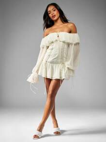 MISSGUIDED Ruffle Off Shoulder Long Sleeve Corset Mini Dress Chiffon Lace Up Detail Festival Dance Party Wedding Guest Resort Wear - White - View 3