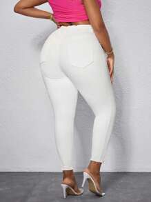 Slaydiva Pantalones vaqueros blancos de talla grande para mujer estilo vaquera de otoño, pantalones casuales y cómodos para mujeres altas - Blanco - Ver 2