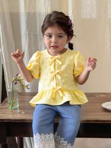 SHEIN Vintaside Kids 女婴花卉纹理面料衬衫，田园风格，可爱时尚，百搭，舒适，适合春夏季 - 黃色 - 查看 10