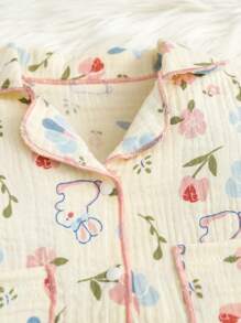 2件套柔软舒适100%纯棉新生儿可爱兔子和花朵印花Polo领短袖开衫上衣和图案裤家居服套装 - 杏色 - 查看 4