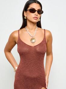 AiiRZ Ribbed Knit Beach Cover Up Split Side Spaghetti Strap Resort Maxi Dress Summer Vacation Floor Length Holiday Style Side Slit Loungewear Sundress - Coffee Brown - View 4