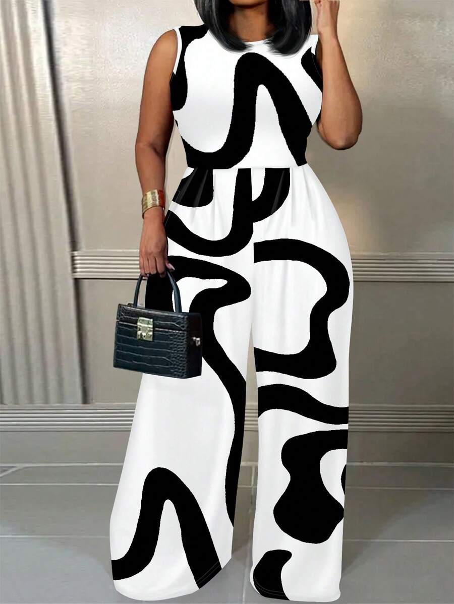 Slaydiva 夏季大尺碼全印花連身褲