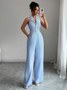 Elenzga Women's Sexy Striped Backless Halter Jumpsuit For Summer