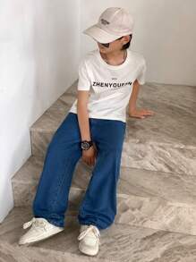SHEIN 2件装青少年男童时尚休闲Y2K舒适宽松基础款简约日常蓝黑色宽松直筒牛仔裤，适合青少年男童日常穿着，也适合春夏锐舞节和海滩穿着。 - 彩色 - 查看 3