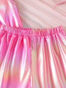 2 件套 Tween Girls 彩虹色涂层面料前开式无袖短款上衣和休闲短裤套装，夏季 - 玫紅色 - 查看 5