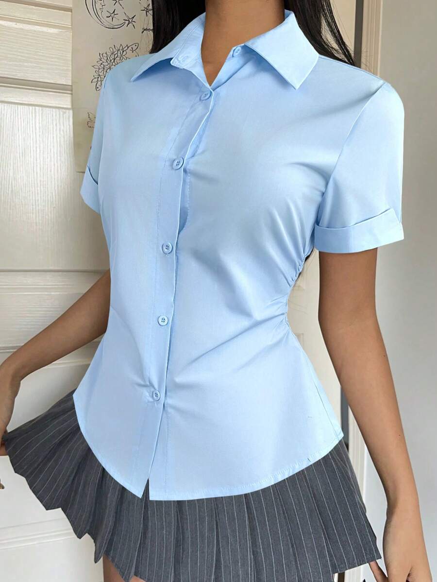 SHEIN EZwear Women's Casual Solid Color Short Sleeve Shirt, Summer - Baby Blue - View 1