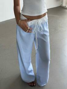 Siren Gaze Women's Lace Ruffle Waisted Loose Blue And White Striped Straight Casual Pants, Beach Pants, Summer Wide Leg Pants Summer Trousers Low Rise Pants Vacation Outfits Woman
