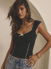 Aralina Winter / Summer Mesh Polka Dot Ruched Front Contrast Trims Cute Going Out Top - Black and White - View 4