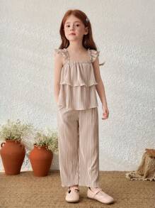 SHEIN Bộ 2 món áo tay bèo nhún họa tiết hoa và quần ống rộng dáng rộng cho bé gái - Màu Khaki - Xem 3