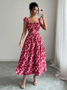 Elenzga Robe maxi bohème d'été pour femmes, blanche à fleurs, élégante, encolure carrée, taille froncée et cintrée, nœud devant, manches bouffantes, jupe à volants, pour vacances et tea party - Multicolore - Voir 3
