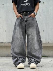 Manfinity EMRG Men's Loose Fit Straight Leg Jeans With Pockets, Casual - Light Grey - View 1