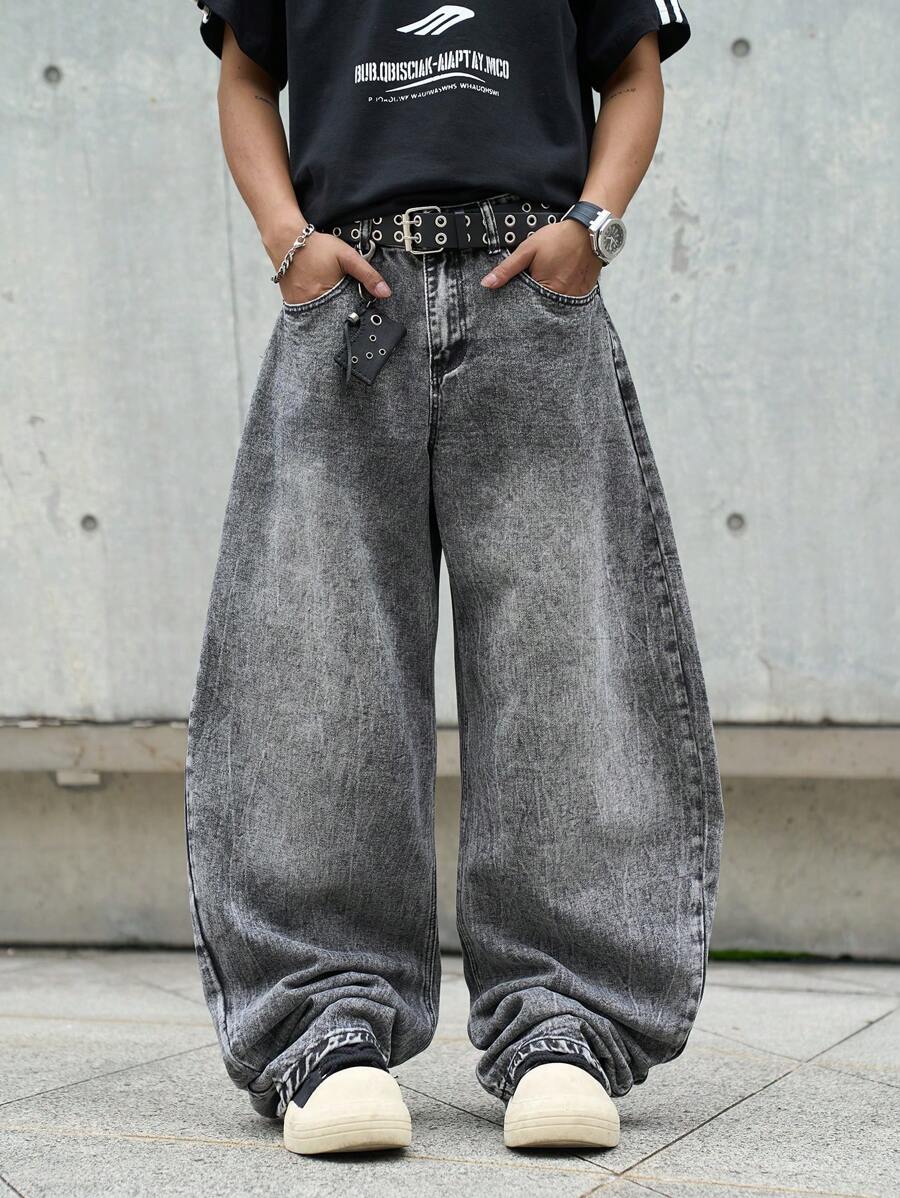 Manfinity EMRG Men's Loose Fit Straight Leg Jeans With Pockets, Casual - Light Grey - View 1