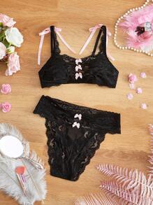 FairyFlirt 2pcs Set Cute Sweet Lace Patchwork Wire Free Ruffled Bow Decor Women Lingerie Set, Kawaii
