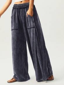 Bohemela Casual Knitted Snow-Washed Solid Color Patchwork Loose Wide-Leg Washed Women's Pants Wide Leg Pants Palazzo Pants Flowy Pants Oversized Pants Loose Pants - Grey - View 4