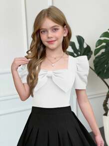 SHEIN 青少年女孩优雅蝴蝶结装饰方领泡泡袖衬衫