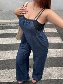 Dazy Plus Plus Size Casual Distressed Loose Denim Bib Overall Jumpsuit For Women, All Season,Back To School Clothes - Dark Wash - View 7