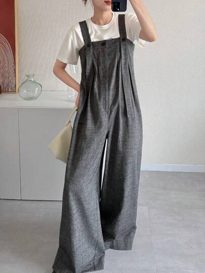 FRIFUL 女式可调节肩带纽扣褶皱休闲阔腿纯色连体裤，适合假日的商务休闲装