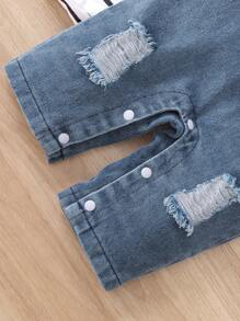 Newborn Baby Casual Striped Short Sleeve Tee + Cute Puppy Print Distressed Denim Bib Overalls 2-Piece Set - Black and White - View 4