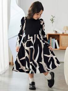 SHEIN Young Girl Elegant Collared Patchwork Geometric Pattern Long Sleeve Midi Dress - Black - View 5