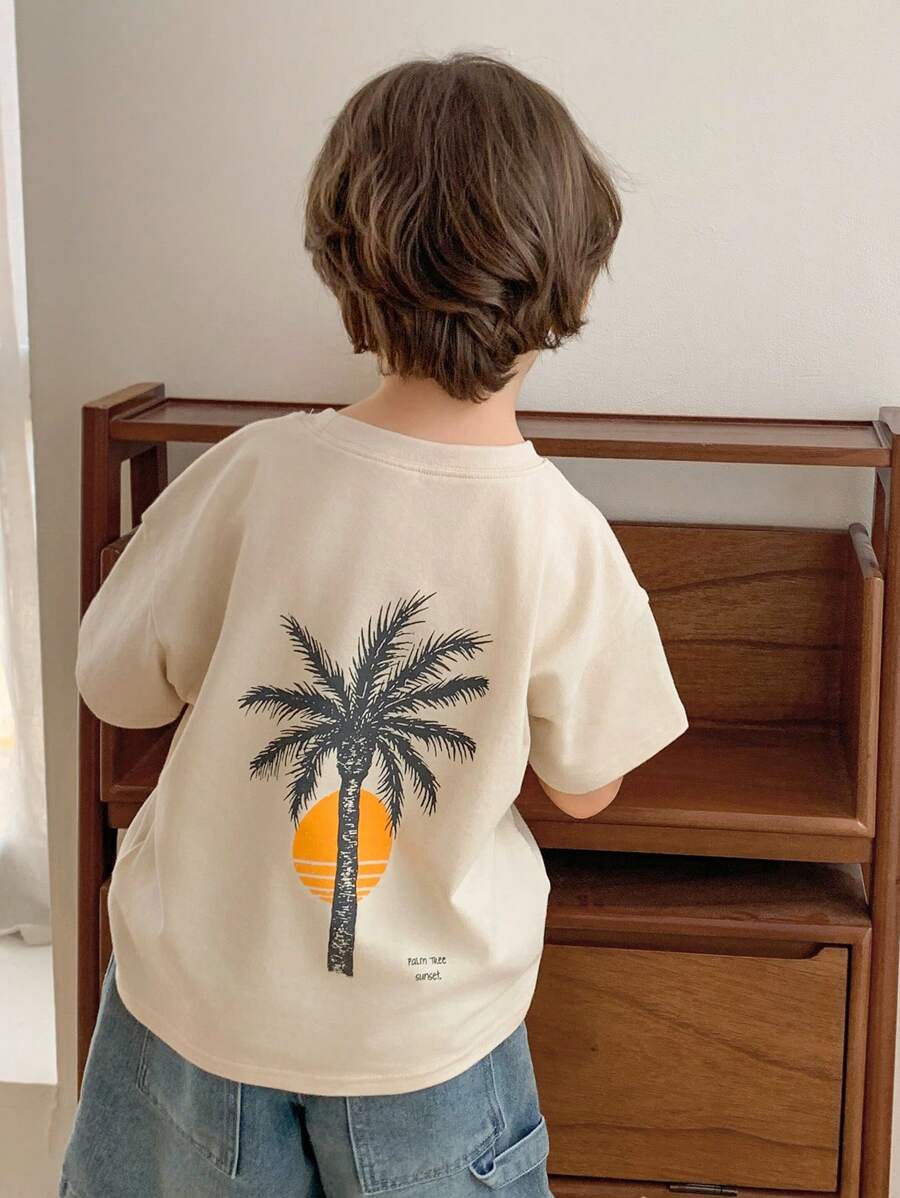 Hapijoa 小男孩棕榈树印花宽松短袖休闲 T 恤,夏季 - 杏色 - 查看 1