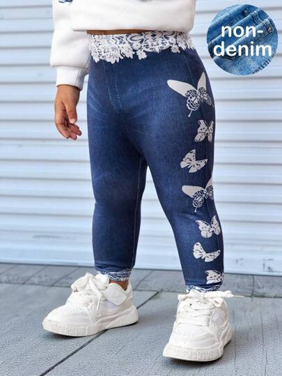 SHEIN Baby Girls Style Butterfly Pattern Knitted Leggings, Suitable For Gatherings, Parties And Other Occasions