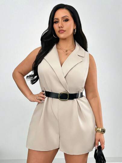 SHEIN Privé 大码女式卡其色缺口领短腿连体裤，秋季和返校季新品